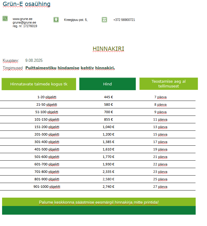 Haljastuse inventuur hinnakiri 2025